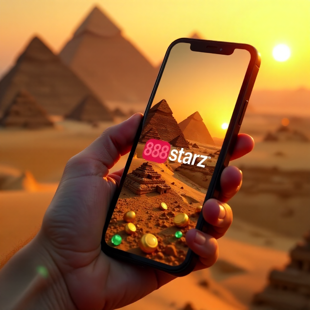 A hand holding a high-end smartphone displaying 888starz app, background featuring the Great Pyramids of Giza during a golden sunset, official red and white brand colors, 3D golden coins and emerald gems flying out of the screen, cinematic lighting, 8k.
